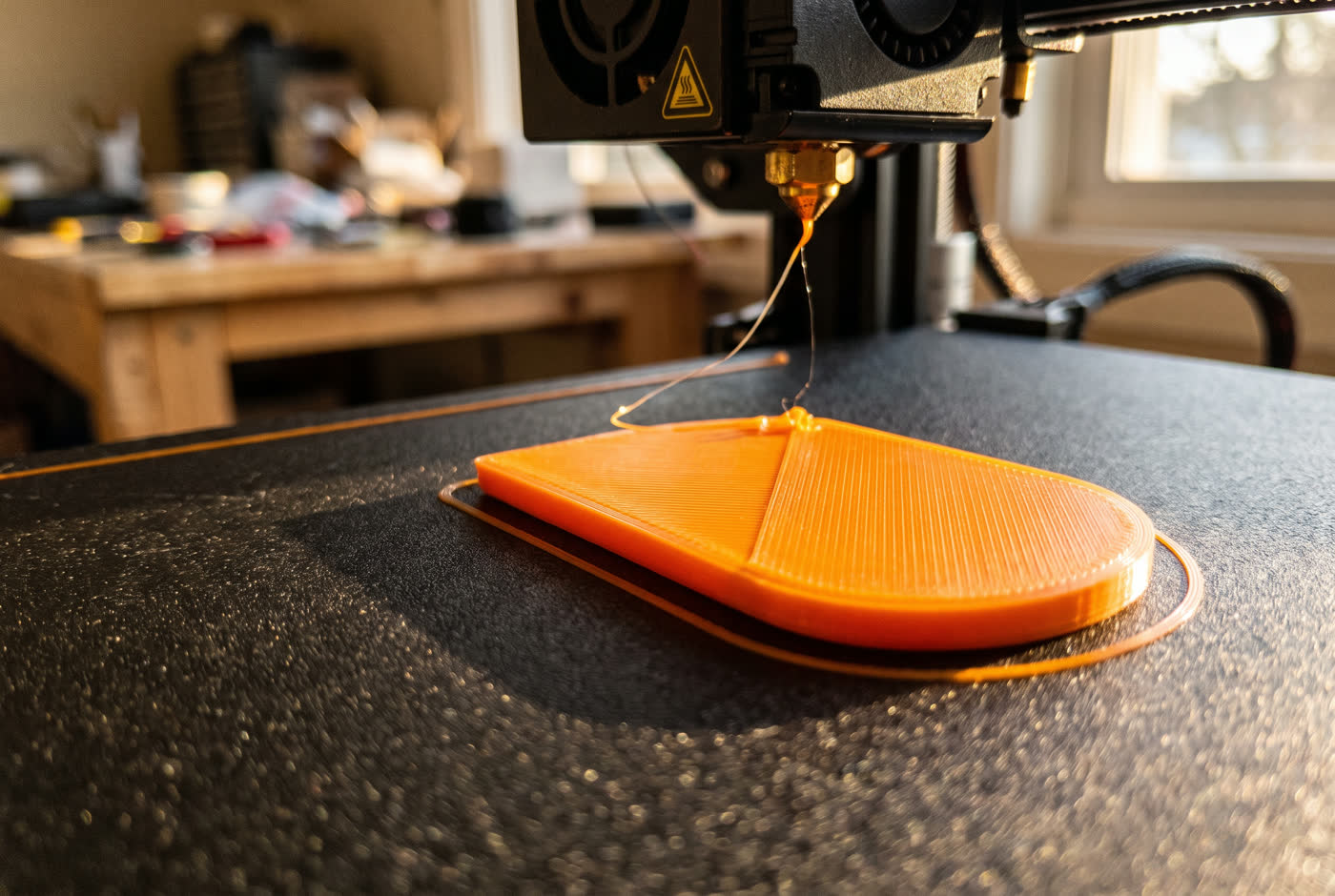 La buse d’une imprimante 3D dépose du filament orange, couche par couche