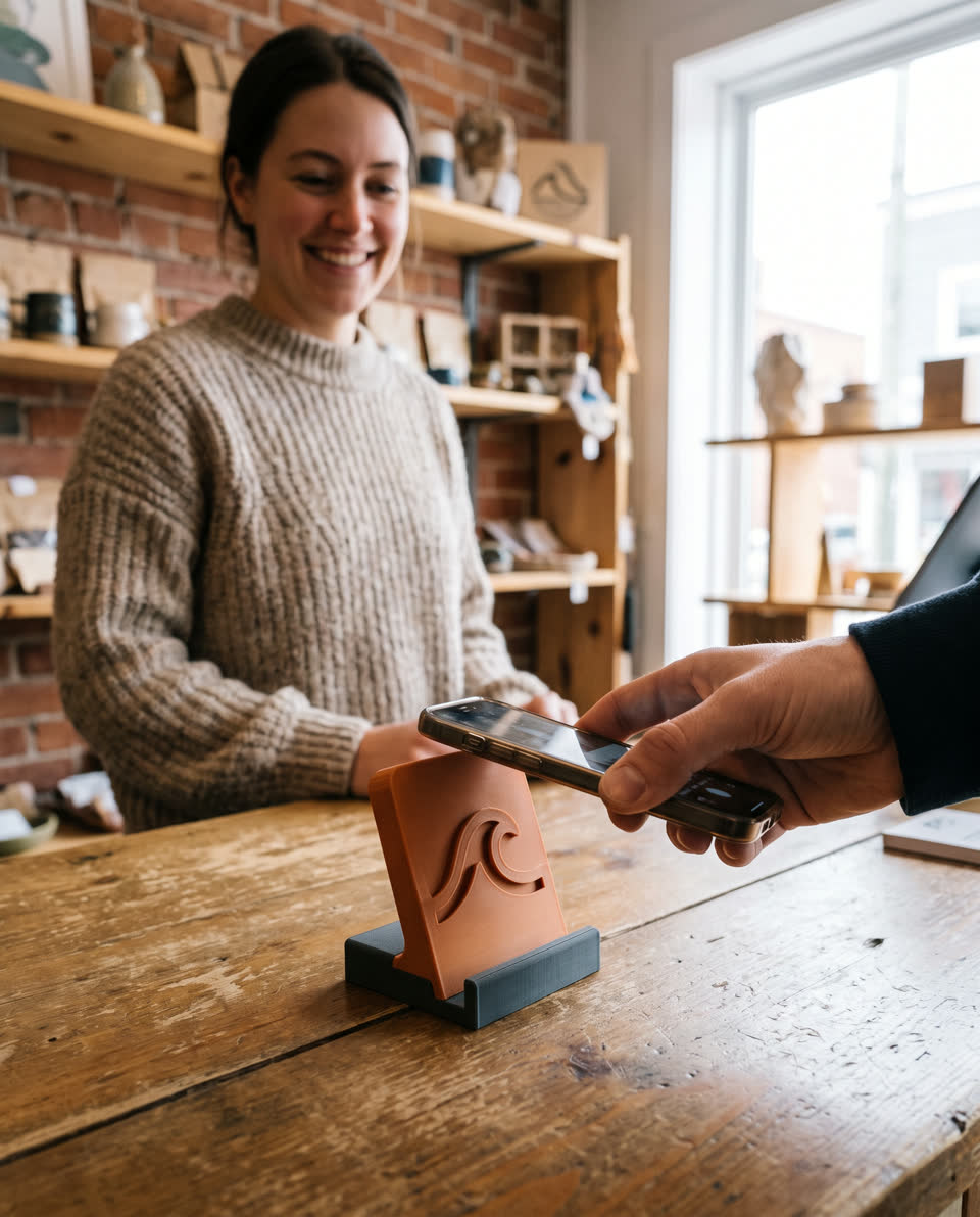 Une cliente touche avec son téléphone un présentoir imprimé en 3D sur le comptoir d’une boutique