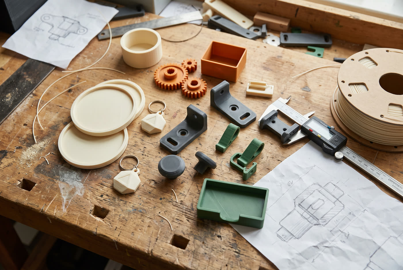 Un établi couvert d’objets imprimés en 3D : sous-verres, porte-clés, pièces de rechange, bobine de filament
