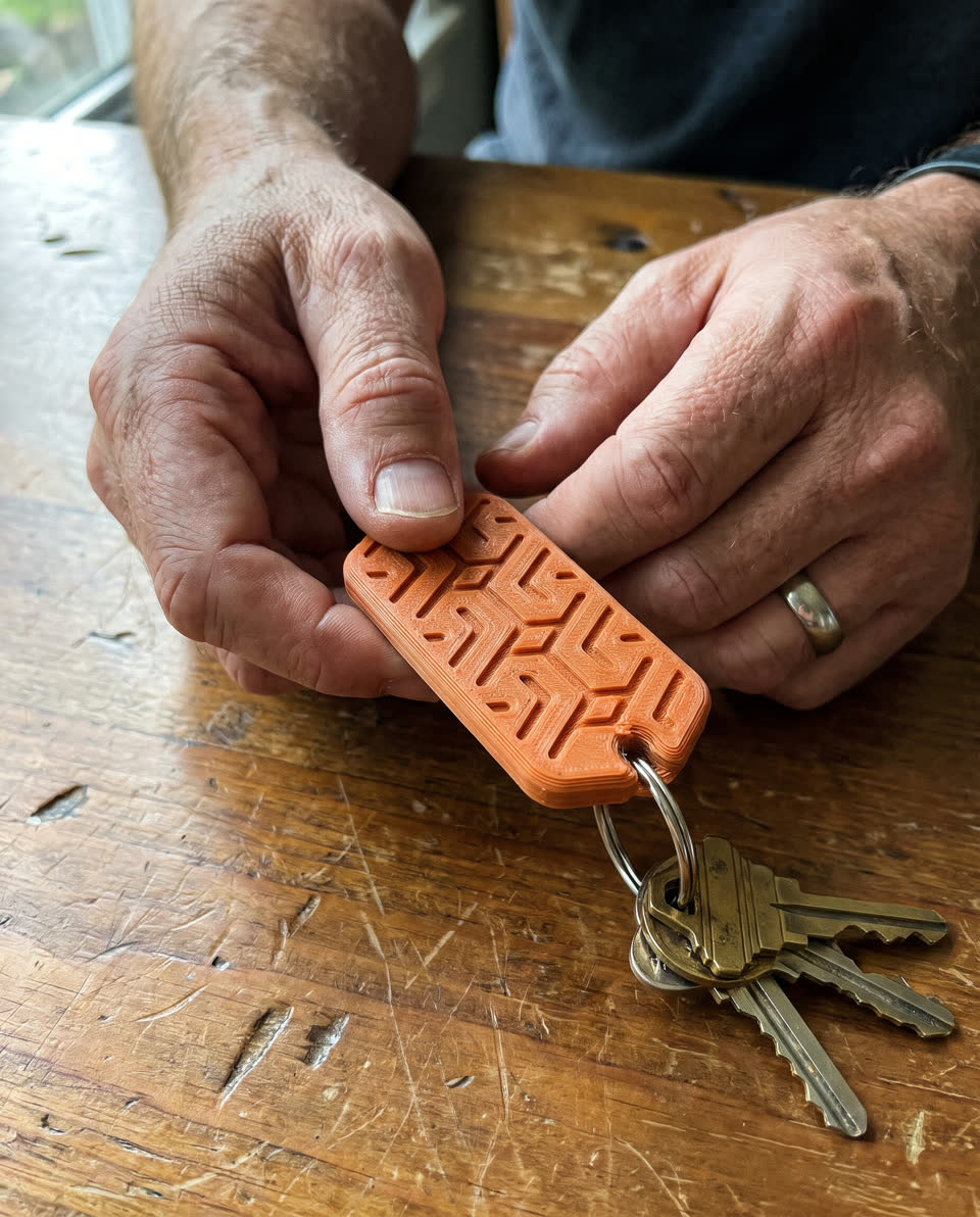Des mains tiennent un porte-clés orange imprimé en 3D, avec un motif en relief